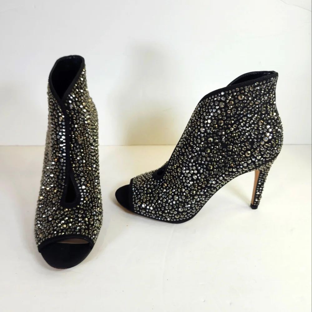 INC International Concepts Black Silver Studded Open Toe High Heel Booties S 7M - Picture 1 of 10